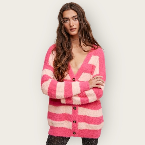 Talula Sweaters - Talulah Striped Fuzzy Cardigan Sweater Pockets Pink Women’s Size Large